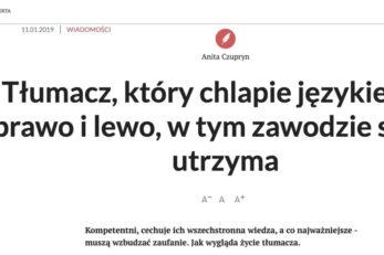 Polska+ article header with author Anita Czupryn, date 11.01.2019, and a large Polish headline about a translator.